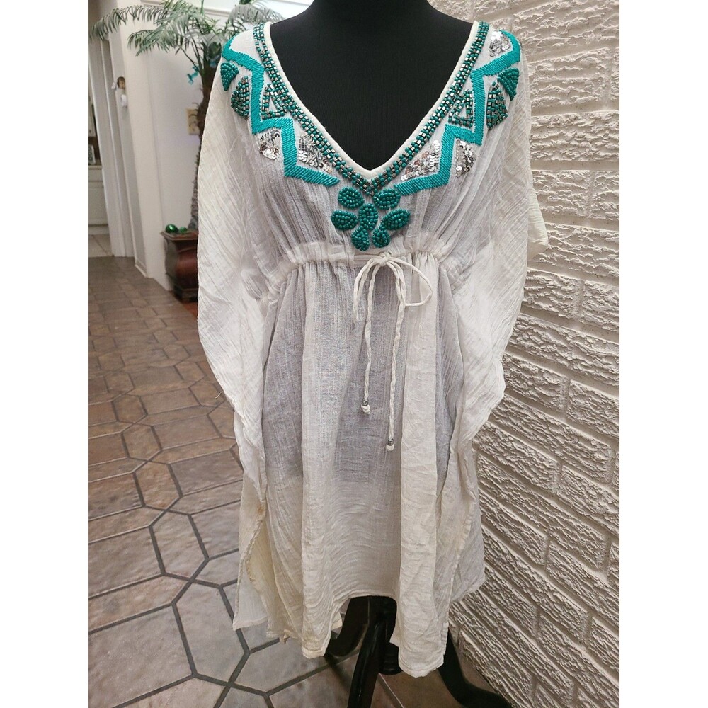 SPIAGGIA DOLCE Cover Up Natural touquise Embellished light Boho euc